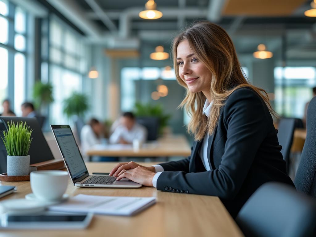 Mujer sonriente trabajando en una oficina moderna con portátil, taza de café y planta de escritorio.