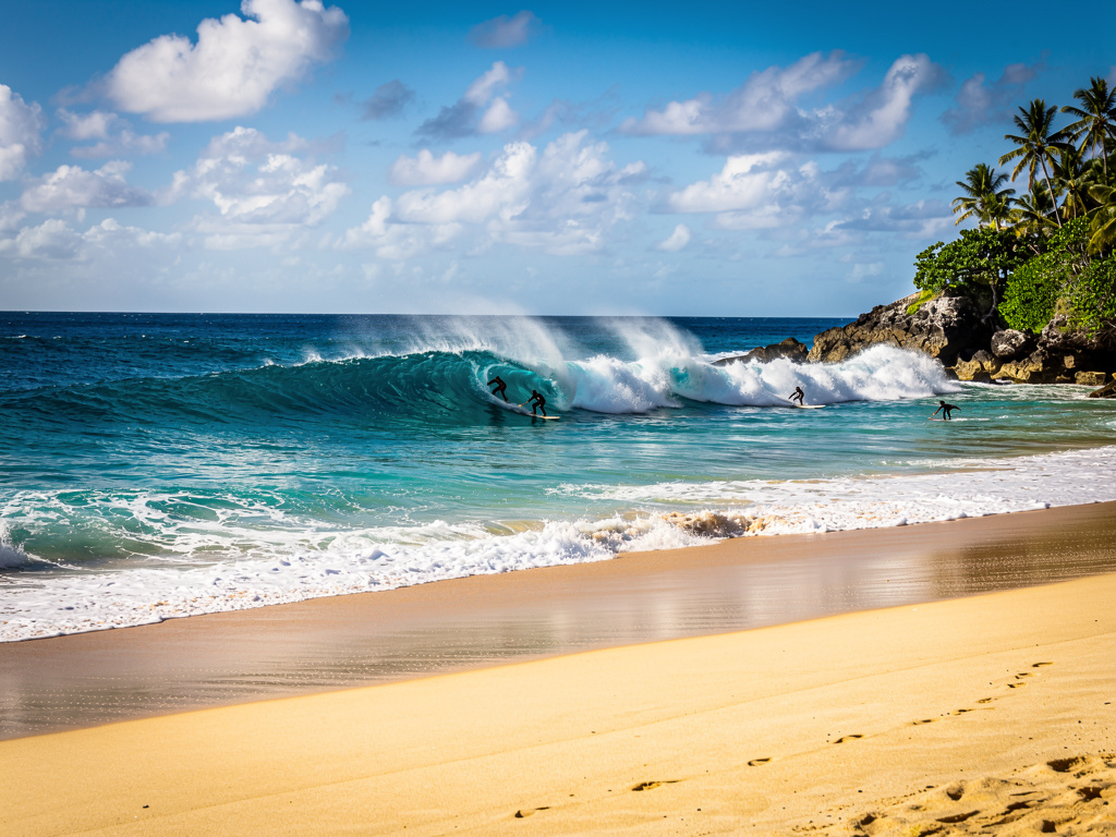 Surfistas en una playa tropical con olas turquesas, arena dorada y palmeras bajo cielo azul