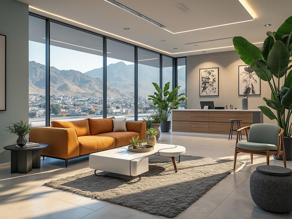 Sala de estar moderna con sofá naranja, mesas de centro blancas y plantas, con grandes ventanas mostrando un paisaje montañoso.