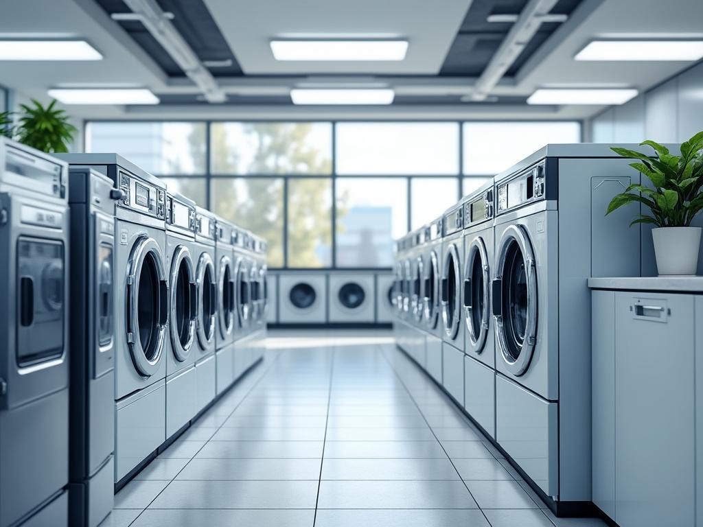 Lavandería moderna con filas de lavadoras industriales y plantas decorativas, iluminación natural. Lavandería moderna con filas de lavadoras industriales y plantas decorativas, iluminación natural.