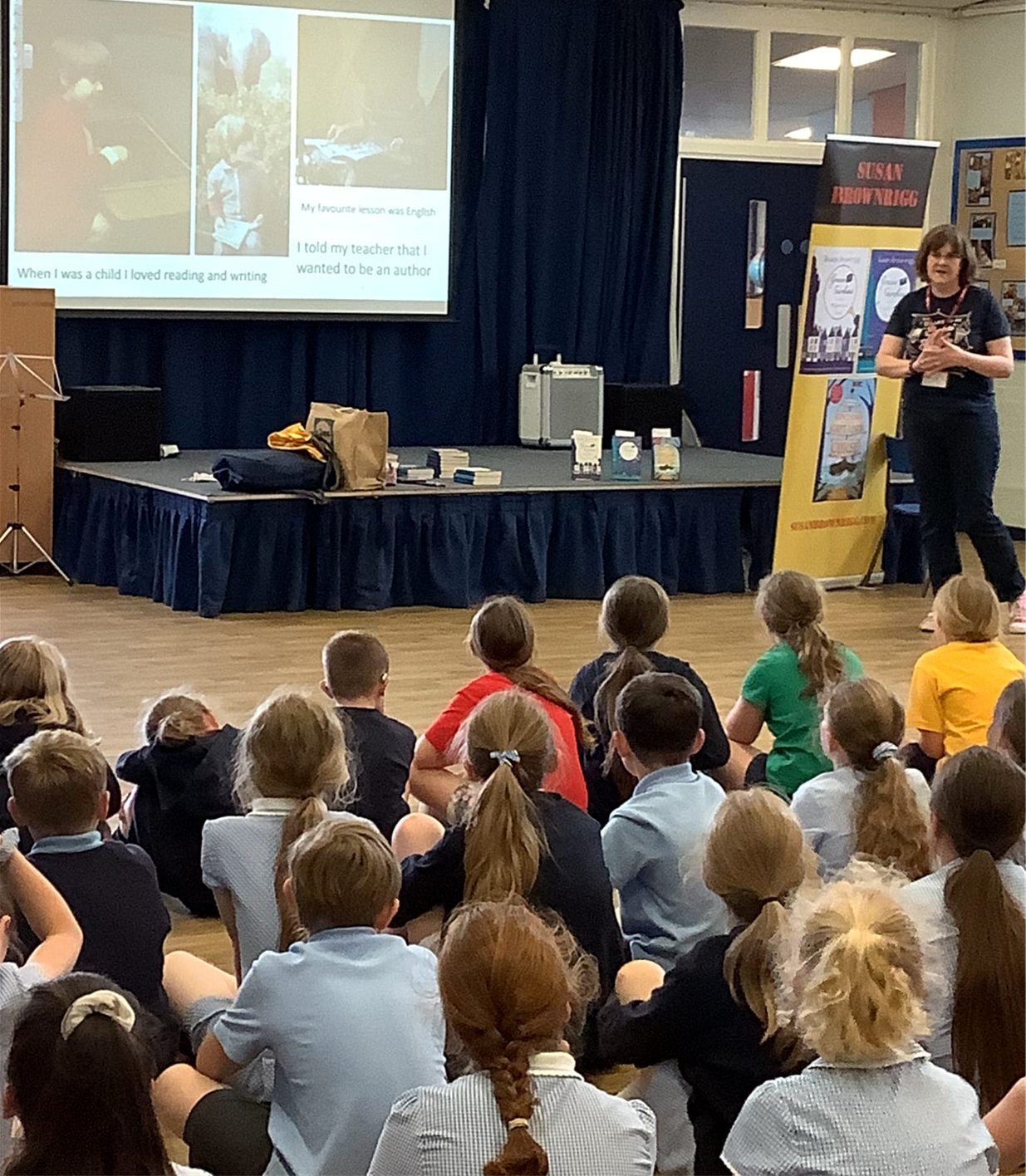Susan gives an assembly talk at Oakdene Primary in the school hall
