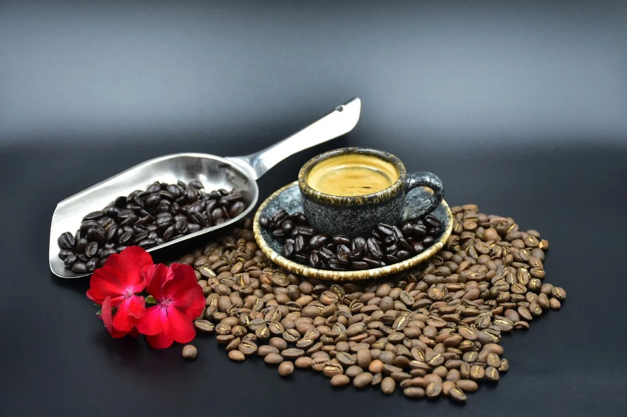 Taza de café con arte latte sobre mesa de madera, rodeada de granos de café y planta decorativa.