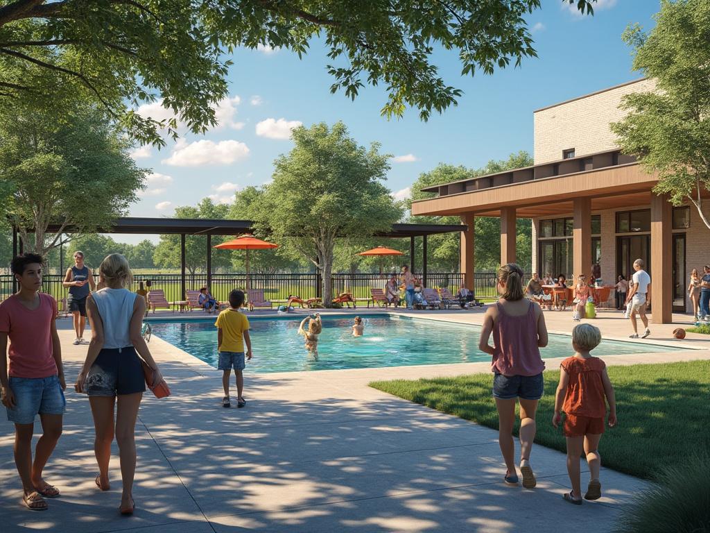 Modern community swimming pool with people relaxing and swimming, surrounded by trees and a contemporary building in the background.