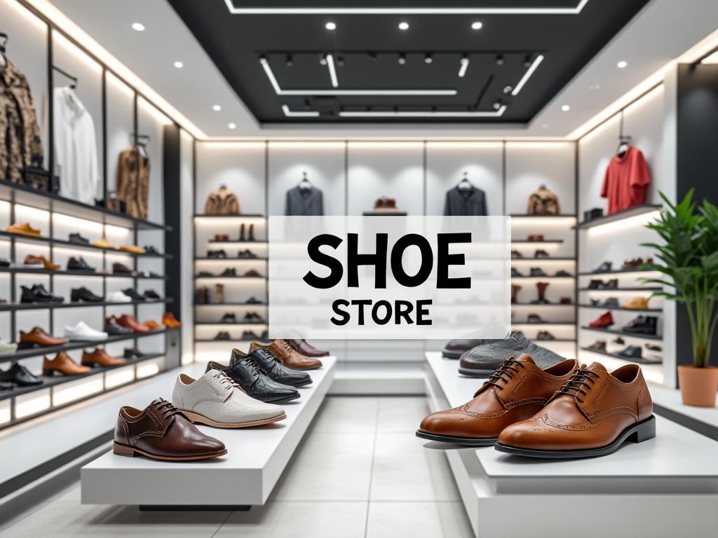 Moderna tienda de zapatos con exhibición de calzado elegante y decoración minimalista.