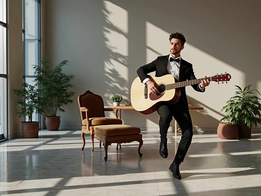 Hombre trajeado tocando una guitarra acústica en una sala iluminada con plantas y muebles clásicos.
