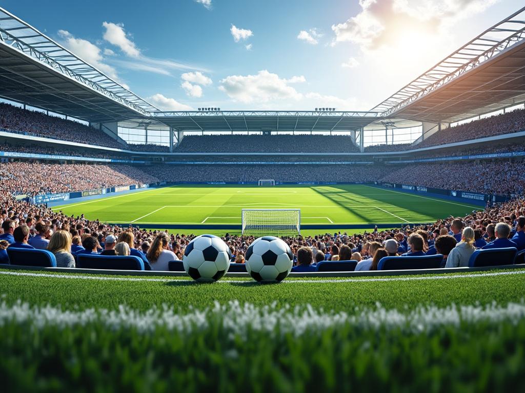 Estadio de fútbol lleno de espectadores, dos balones en primer plano, campo verde bajo un cielo despejado.