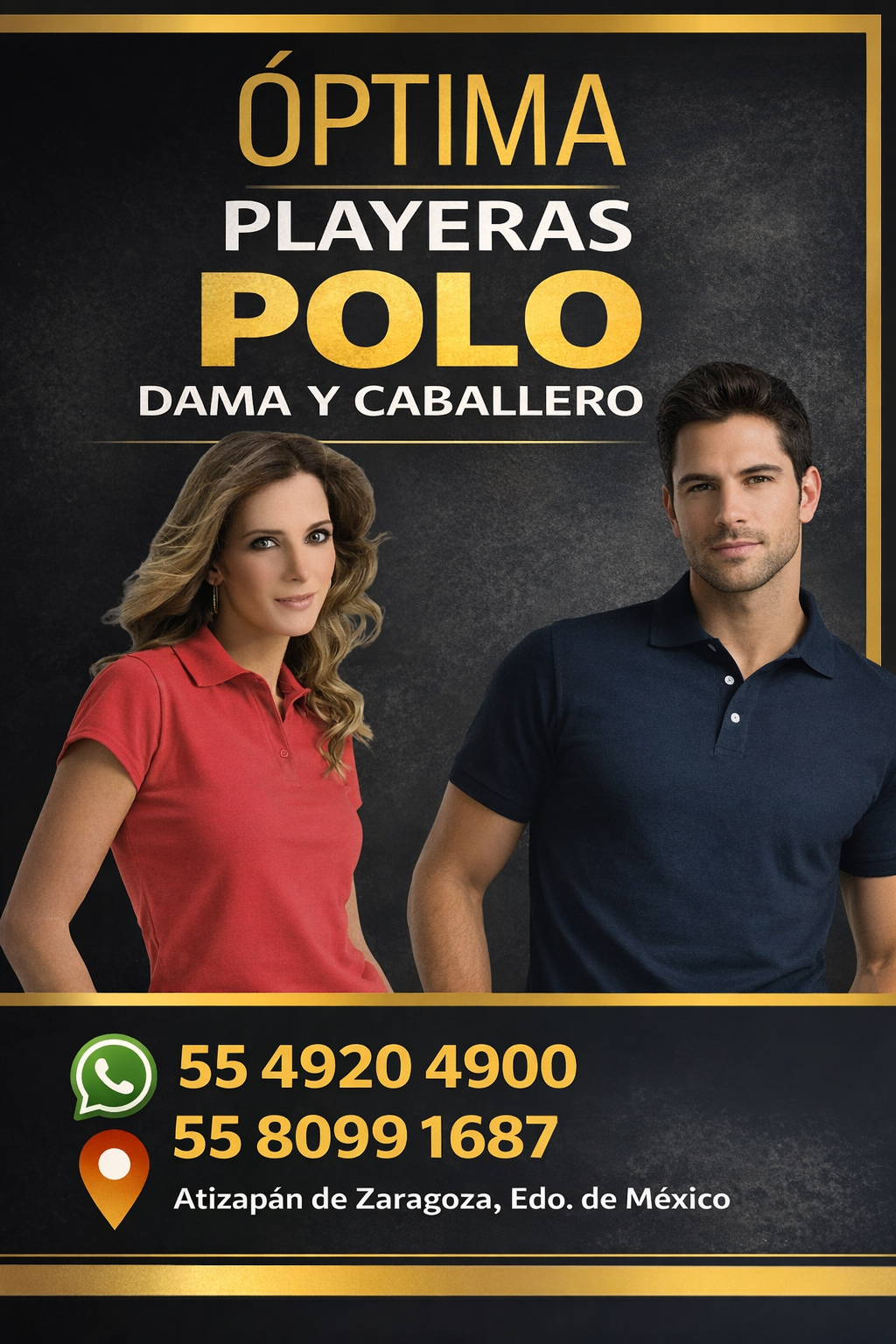 PLAYERAS POLO
DAMA Y CABALLERO
Venta por pieza o mayoreo
Cotiza hoy mismo
WhatsApp: 55 4920 4900
Tel: 55 8099 1687