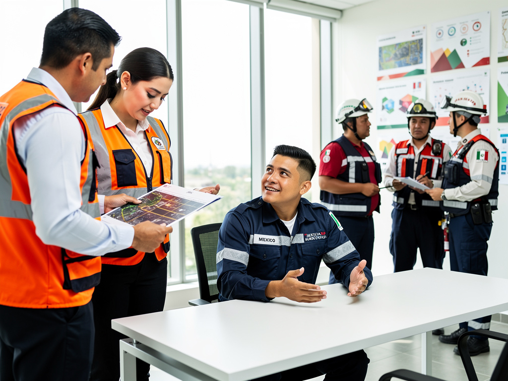 Equipo mexicano de protección civil revisando mapas y coordinando operativo de emergencia en sala de control