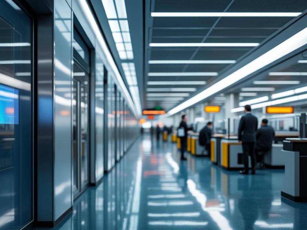 Interior moderno de aeropuerto con estaciones de control y personas atendiendo.
