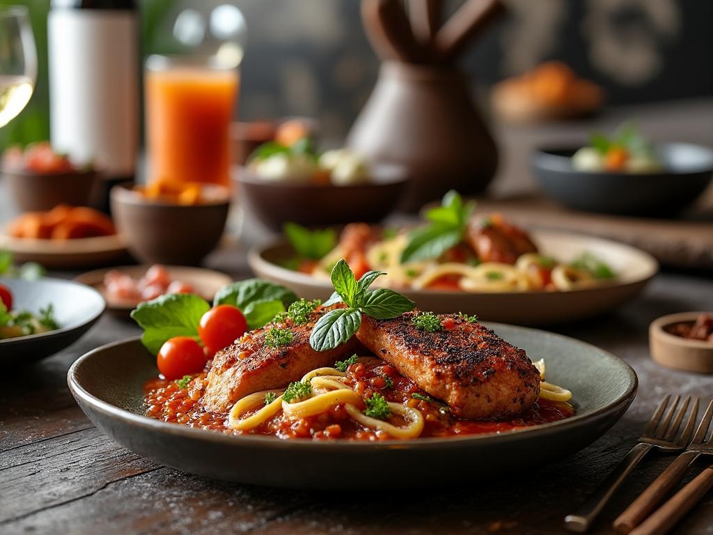 Plato de pasta con salsa de tomate, pechuga de pollo a la parrilla, tomates cherry y hojas de albahaca fresca, rodeado de otras comidas y bebidas en una mesa rústica.