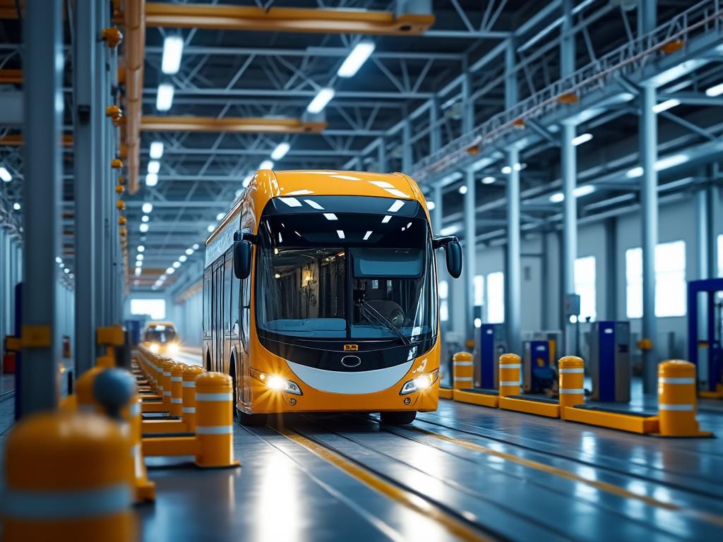 Autobús eléctrico amarillo en fábrica moderna con estructuras de metal y luces brillantes.