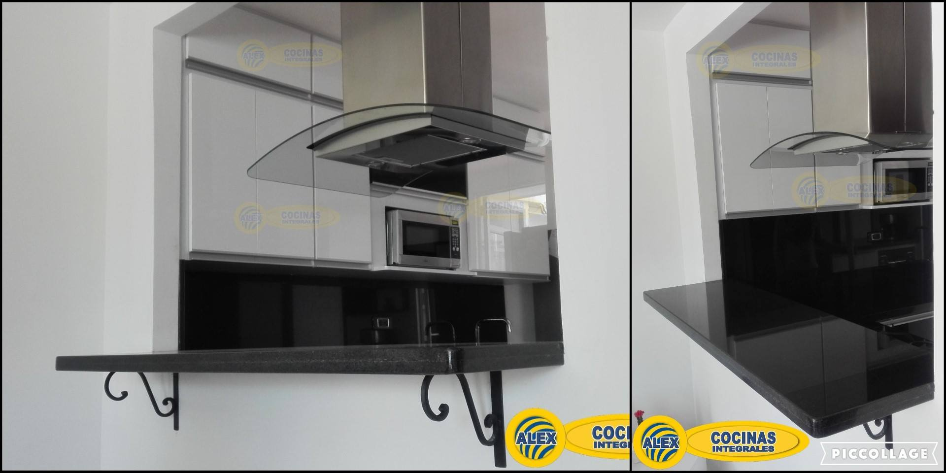 Cocina en L en colores Blanco y Negro Alto Brillo con manija perfil aluminio