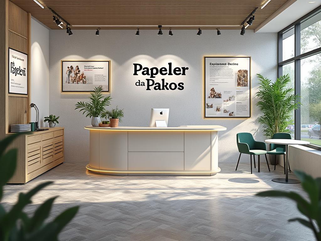 Recepción de Papelería da Pakos con mostrador curvo, plantas decorativas y cartelera informativa en una sala iluminada.
