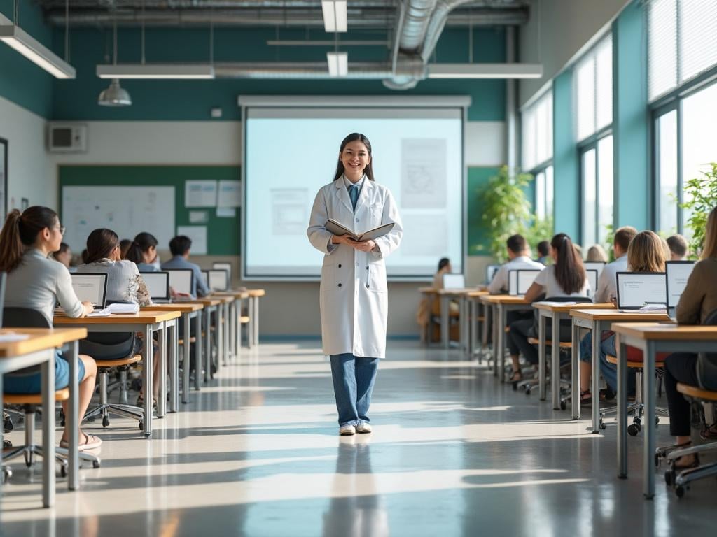 Profesor en aula moderna dando clase a estudiantes usando laptops frente a pizarra digital.