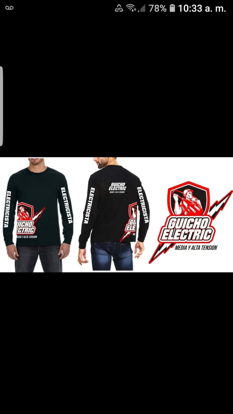 Dos modelos lucen camisetas negras con texto 'Guicho Electric' y gráfico de rayo en el pecho y mangas, destacando el diseño eléctrico.