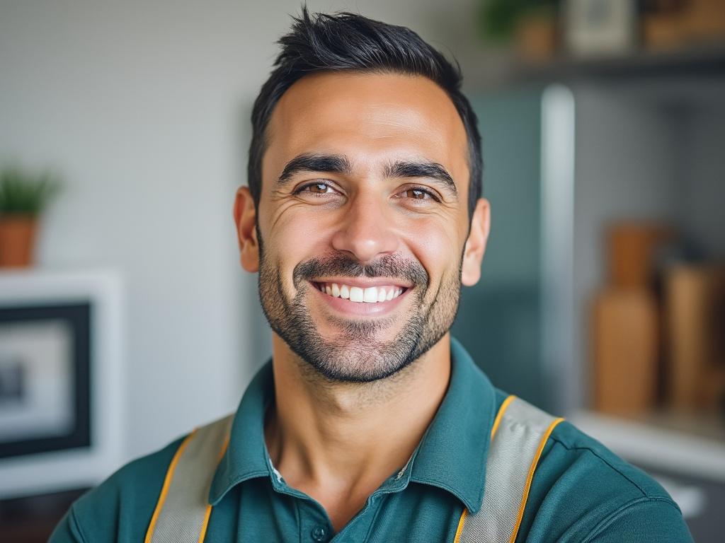 Smiling man in a green shirt with suspenders indoors, background with plants and shelves.