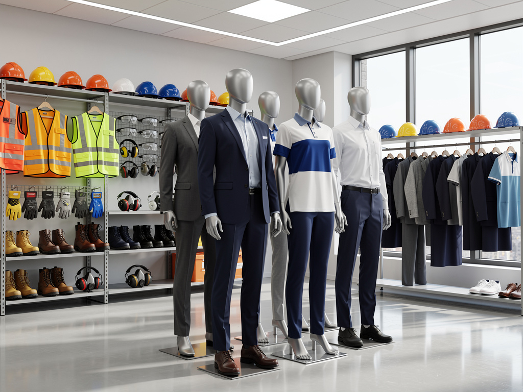Maniquíes con uniformes corporativos y ropa de seguridad industrial en showroom con cascos, chalecos, botas y equipos de protección