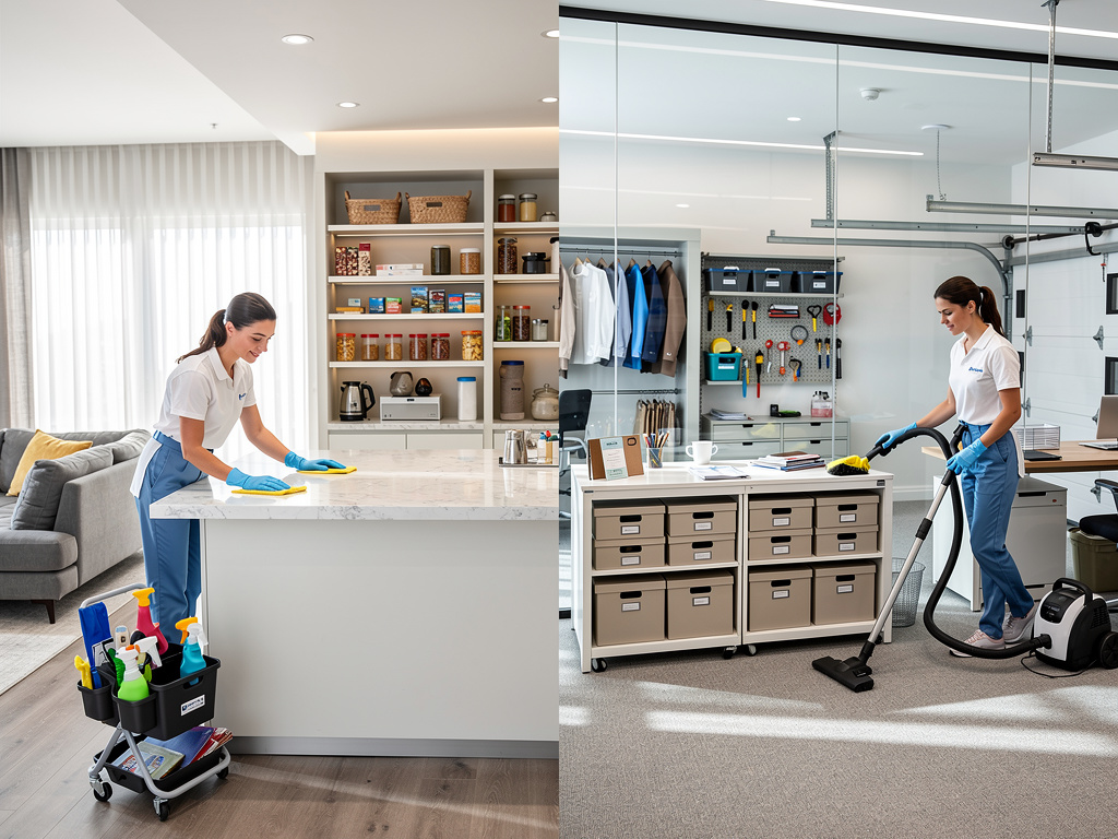 Professional cleaners sanitizing a modern kitchen and vacuuming an organized home garage office Professional cleaners sanitizing a modern kitchen and vacuuming an organized home garage office