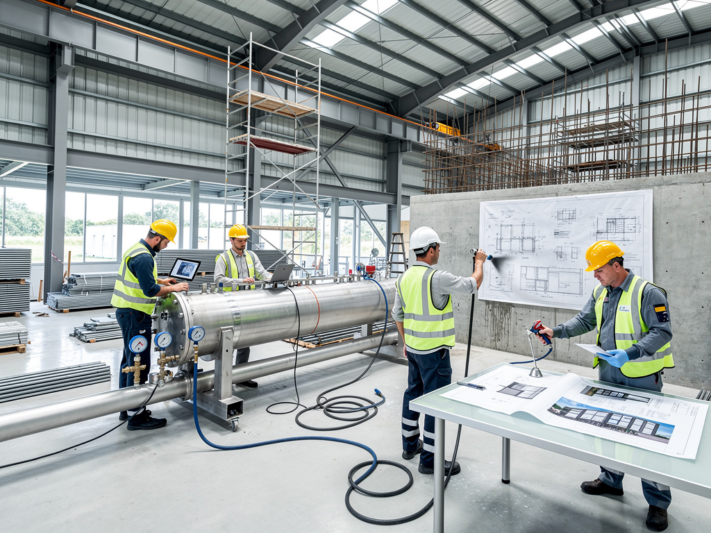 Ingenieros con cascos y chalecos revisan planos y maquinaria industrial en una obra de construcción moderna