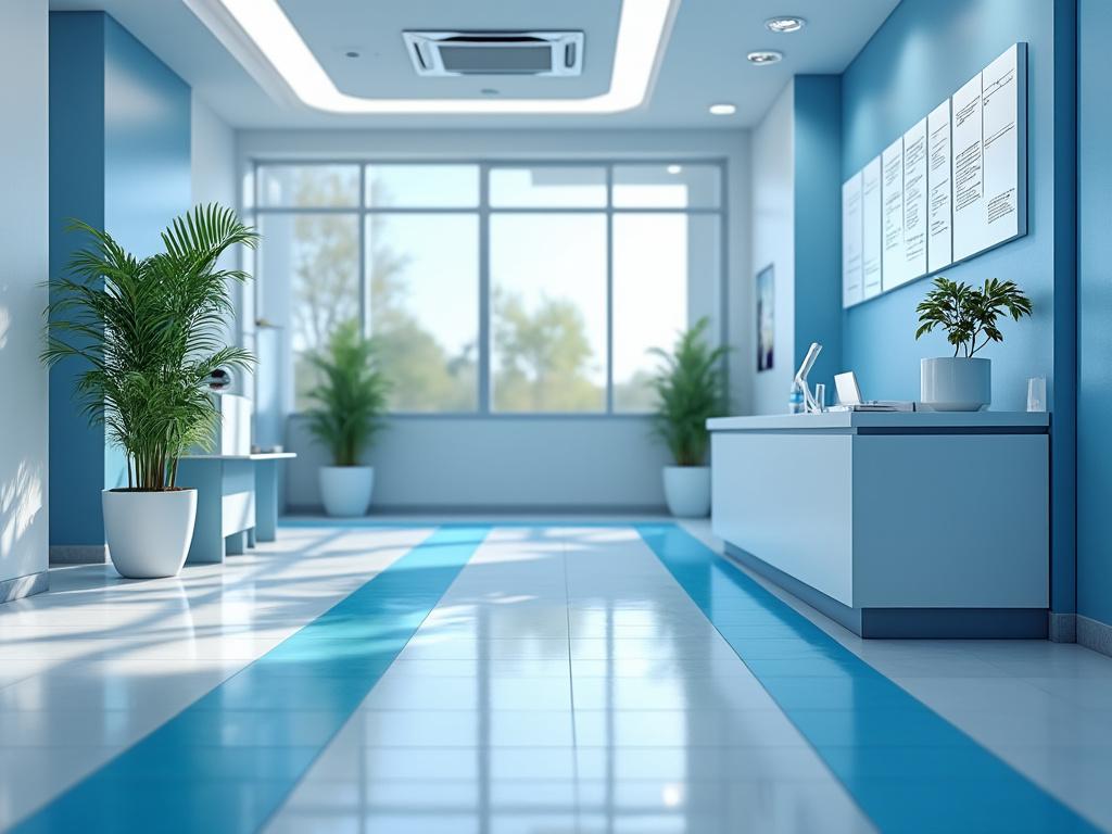 Recepción moderna con paredes azules, plantas decorativas y luz natural a través de grandes ventanas. Recepción moderna con paredes azules, plantas decorativas y luz natural a través de grandes ventanas.