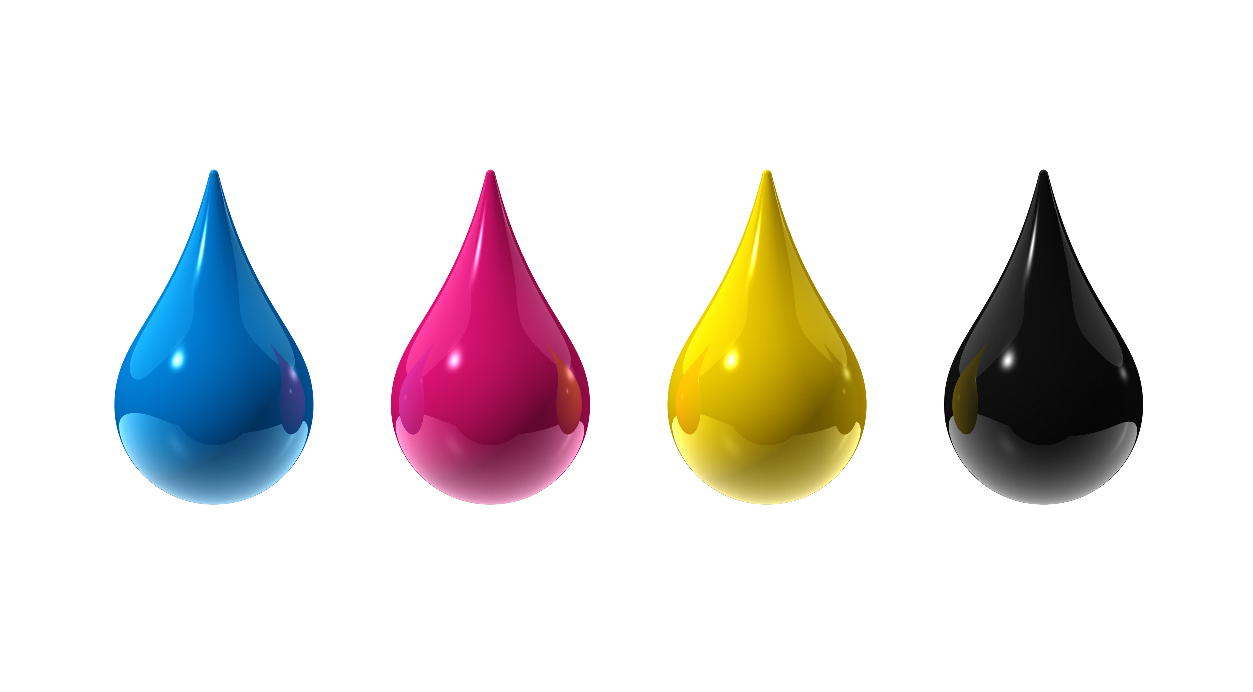 Glossy CMYK ink drops in cyan, magenta, yellow, and black on a white background