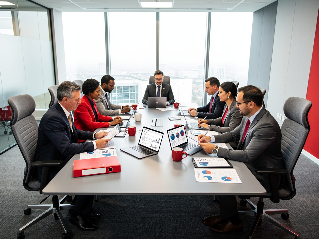 Equipo de negocios en reunión corporativa analizando gráficos y datos en una oficina moderna Equipo de negocios en reunión corporativa analizando gráficos y datos en una oficina moderna
