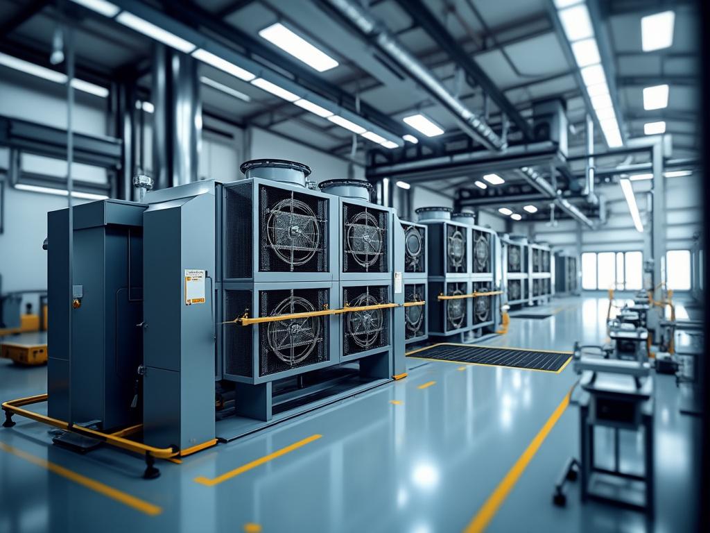 Sala industrial amplia con equipos de refrigeración modernos dispuestos en fila, iluminación uniforme y suelos brillantes.
