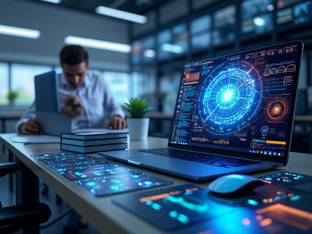 Oficina moderna con portátil mostrando interfaz digital futurista, persona trabajando en segundo plano, decoración minimalista.