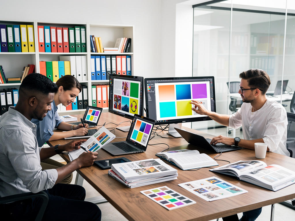 Equipo de diseñadores gráficos trabajando en oficina moderna con pantallas, muestras de color y material creativo