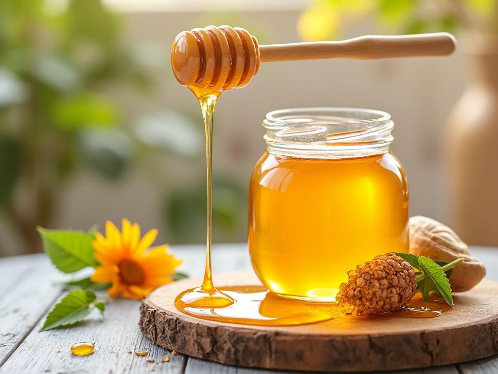 Tarro de miel con dipper y flores en una mesa de madera