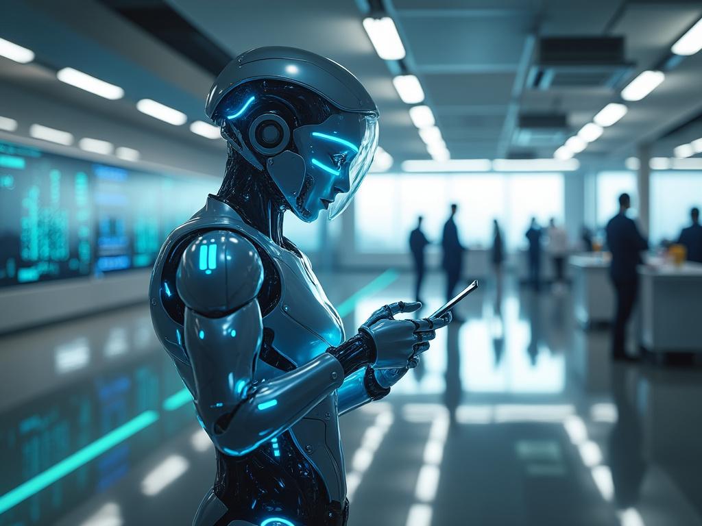 Robot futurista interactuando con un smartphone en un entorno de oficina moderna con pantallas digitales y personas de fondo.
