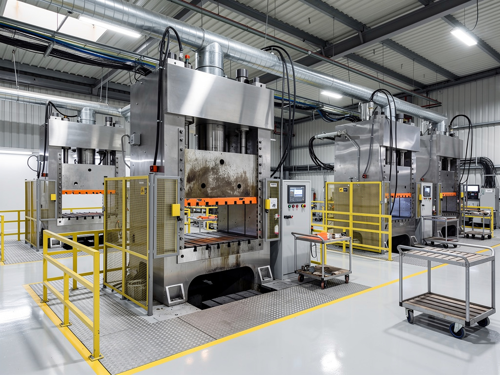 Prensas hidráulicas industriales en fábrica moderna con barreras de seguridad amarillas y paneles de control