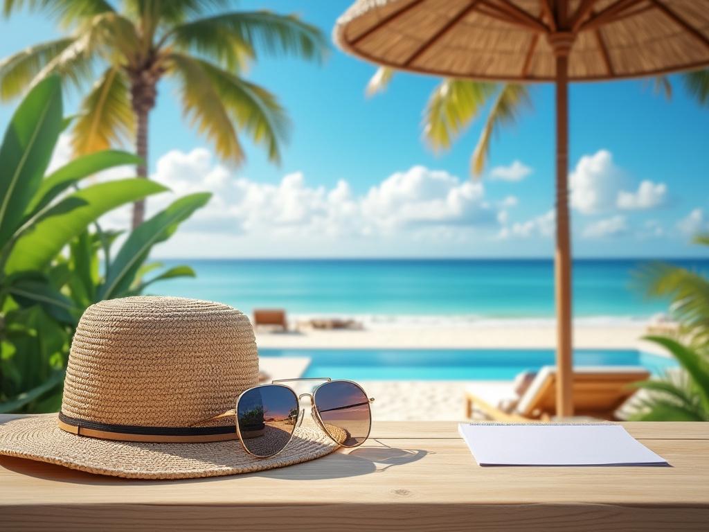 Sombrero de paja y gafas de sol sobre una mesa de madera con fondo de playa, palmeras y cielo azul.