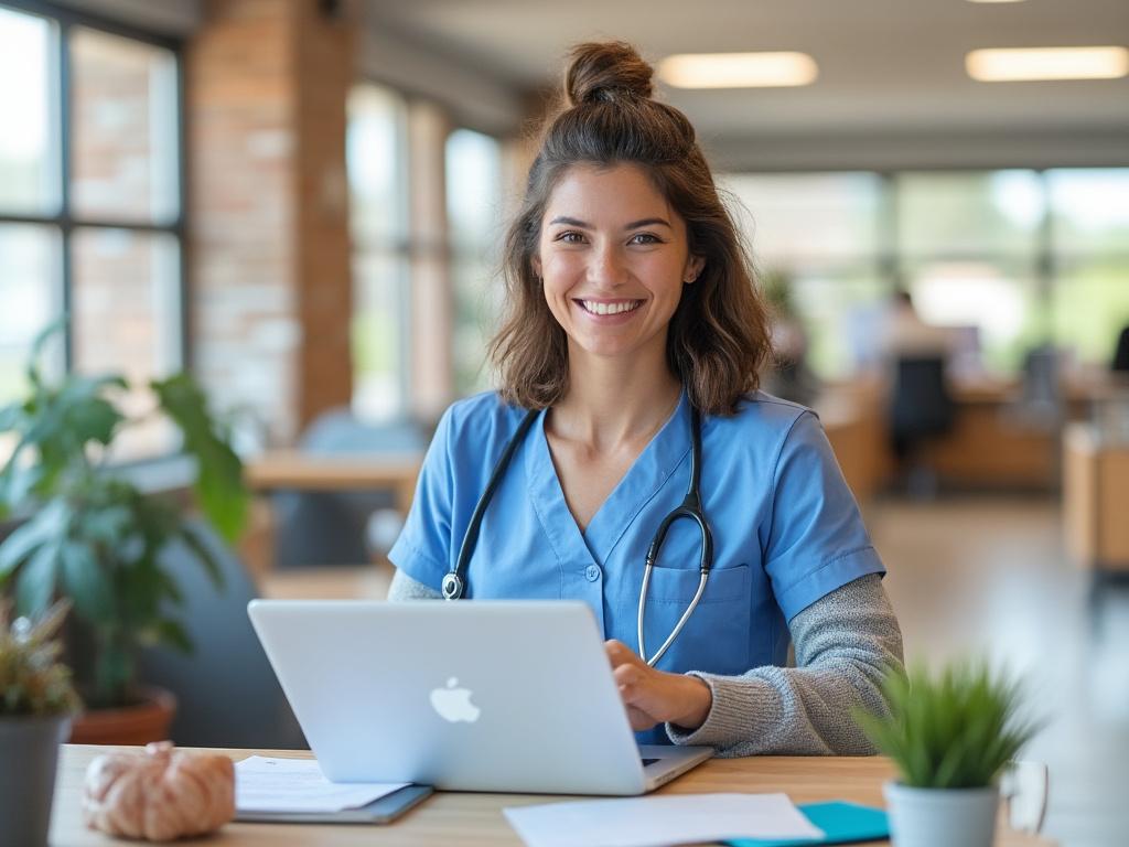Smiling healthcare professional in blue scrubs with stethoscope, working on a laptop in a bright, modern office environment.