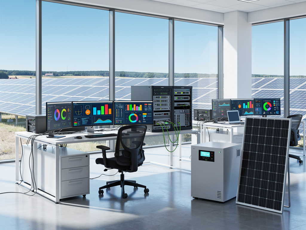Sala de control de energía solar con monitores de datos, servidores y paneles solares visibles por grandes ventanales