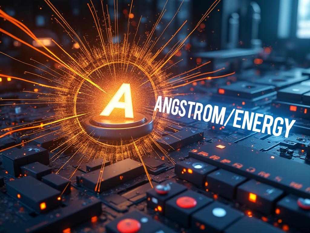 Imagen de una letra A brillante sobre un circuito integrado, rodeada de destellos naranjas, con el texto 'ANGSTROM/ENERGY' flotando a la derecha.