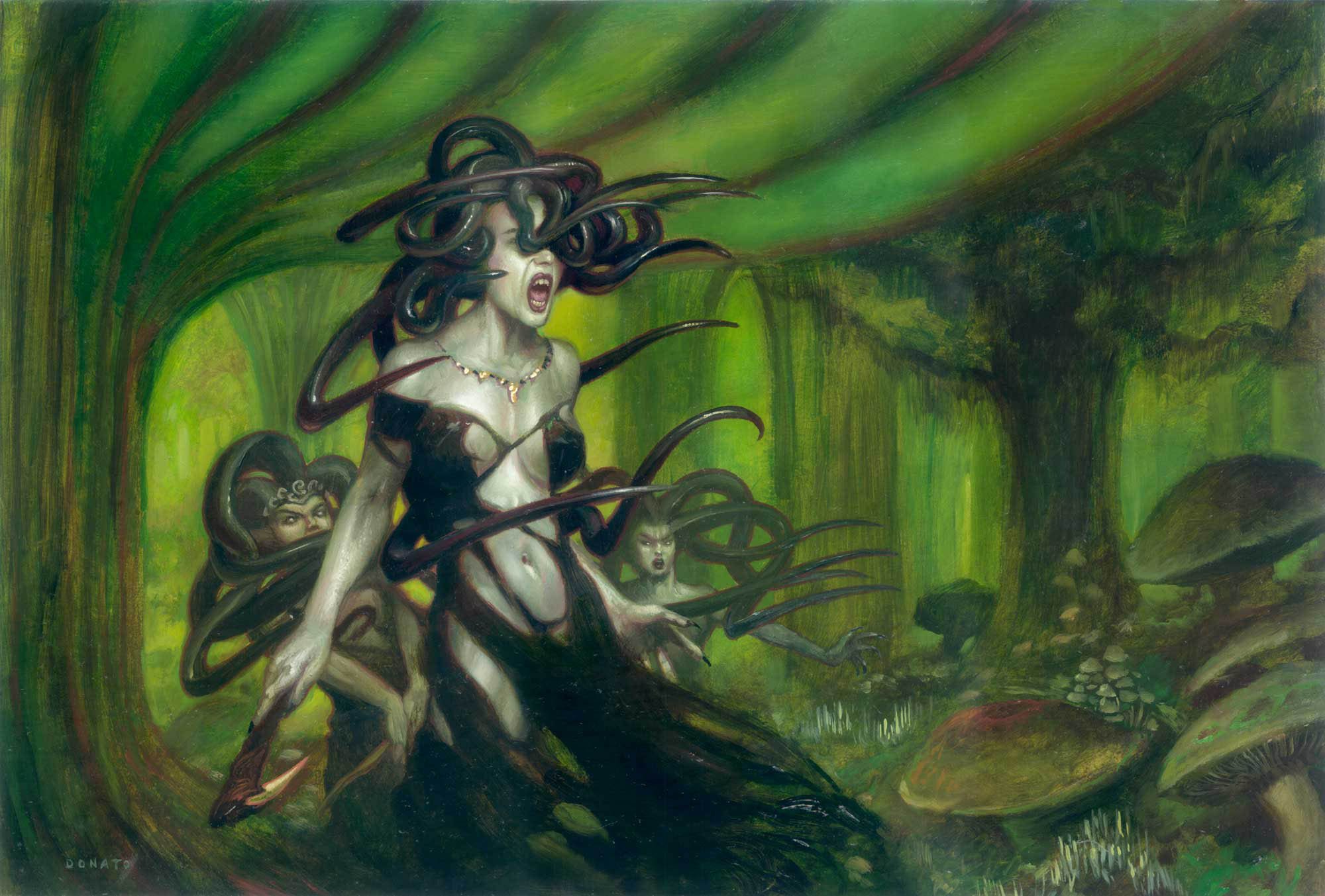 Sisters of the Stone Death - the Gorgons
from Ravnica:City of Guilds Magic: The Gathering Expansion deck
15" x 23" Oil on Panel 2005
private collection 
