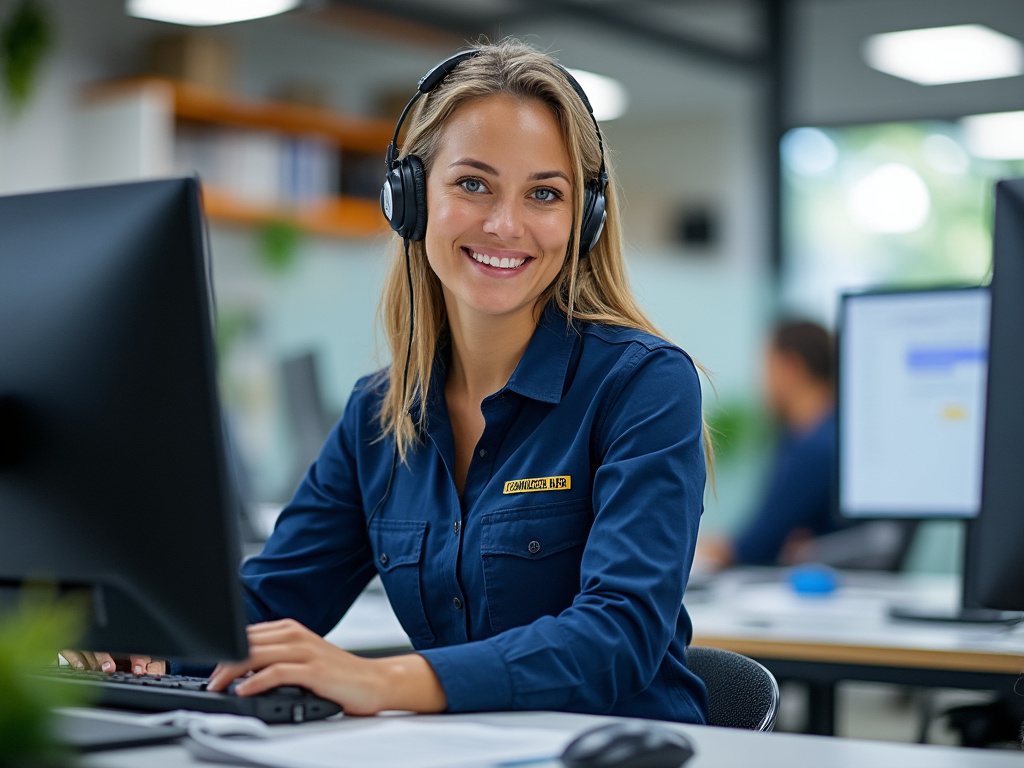 Smiling woman wearing headphones working at computer desk in modern office.