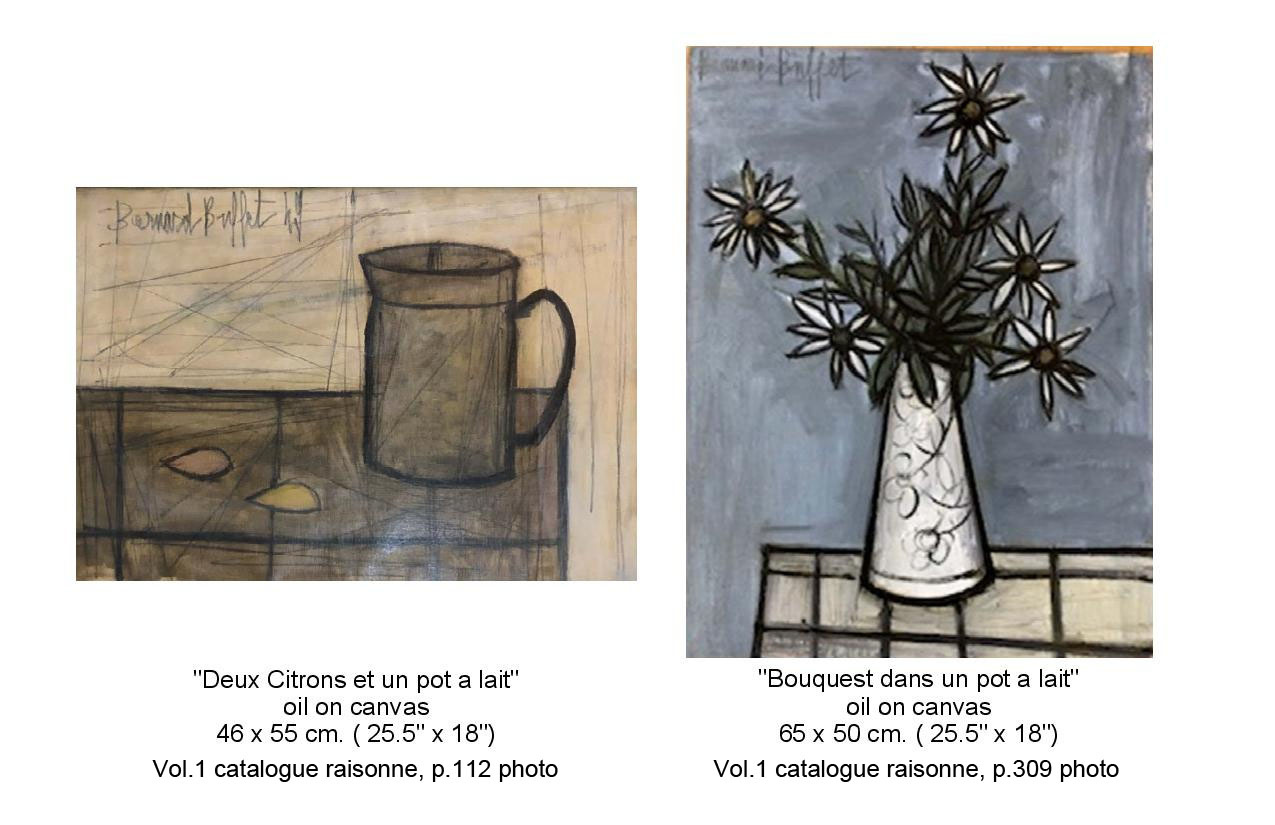 Drawing of Deux Citrons et un pot a lait oil on canvas, cup seating on a counter. Drawing of Bouquet Azalia un pot oil on canvas. Vase with flowers on a counter