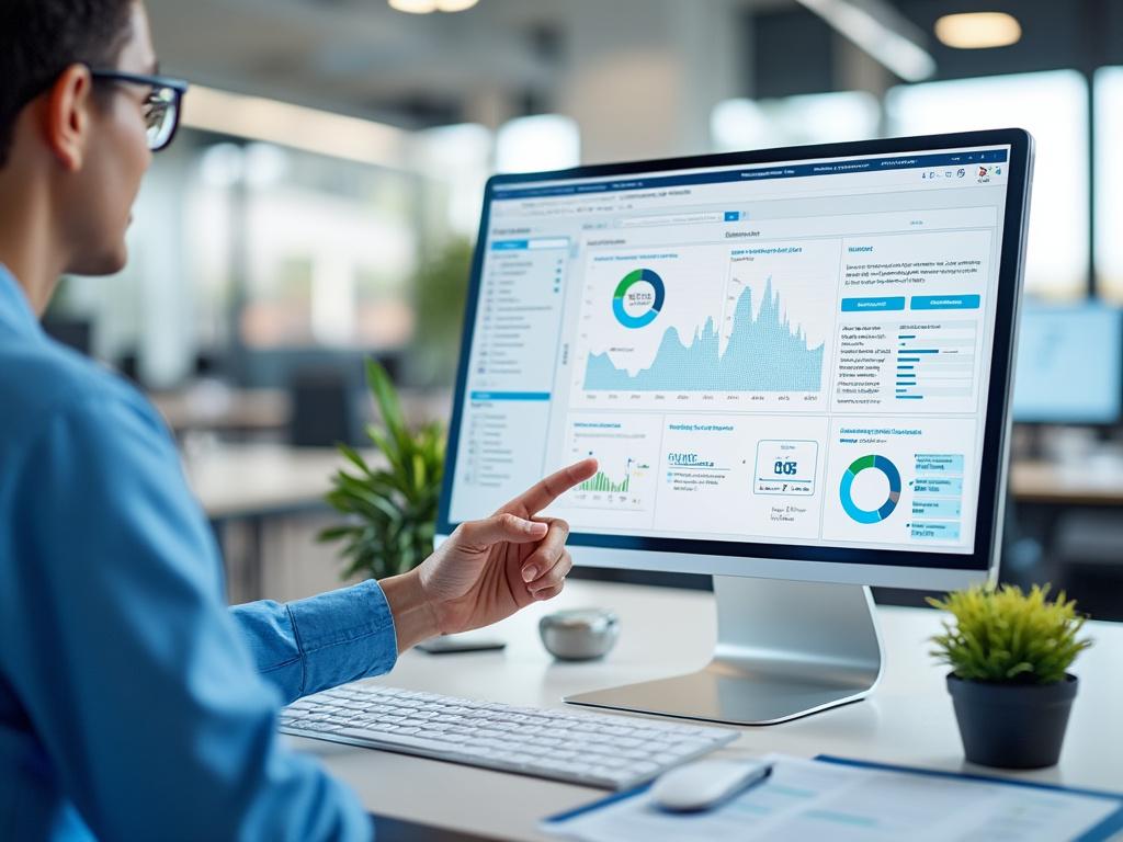 Persona analizando gráficos en un monitor de computadora en una oficina moderna.