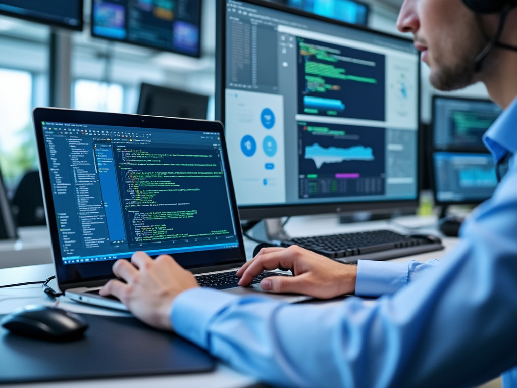 Programador trabajando en un portátil con múltiples pantallas mostrando código y gráficos en un entorno de oficina moderna.