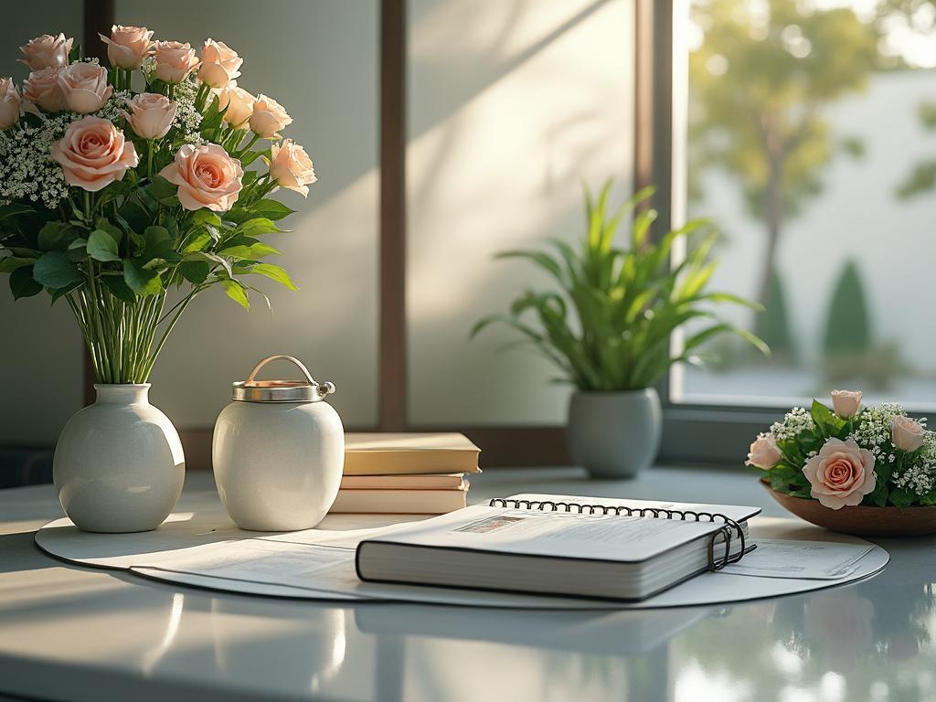 Mesa con flores rosas en jarrones, libros apilados y libreta sobre mantel blanco a la luz del sol, fondo de ventana.