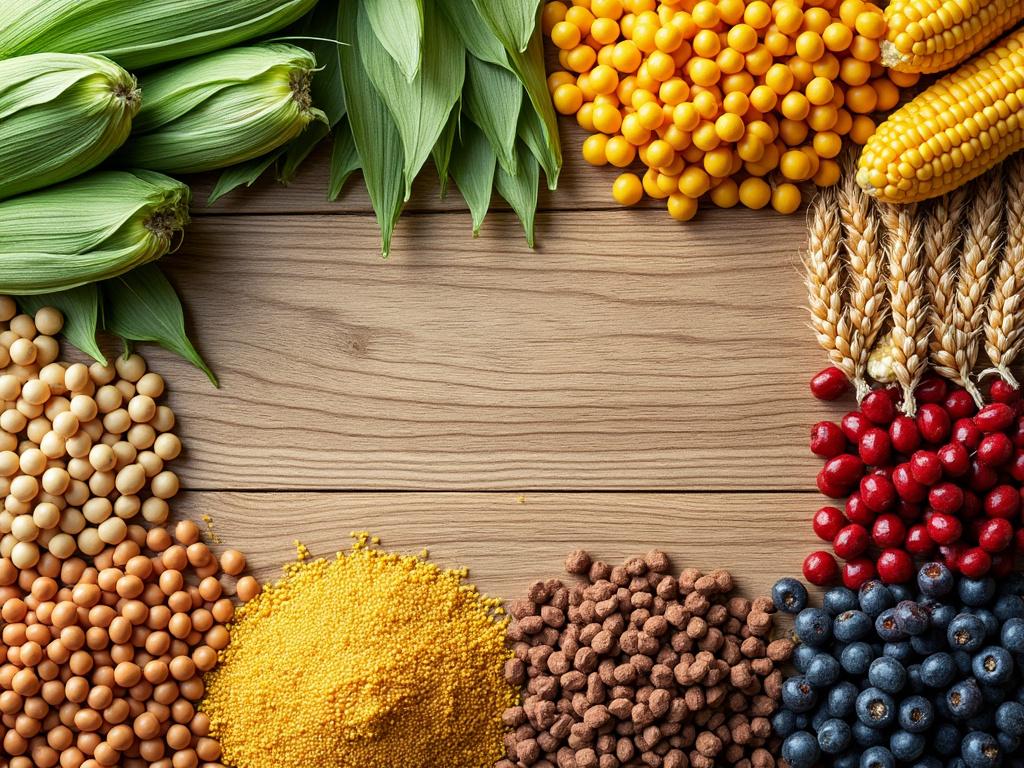 Variedad de alimentos en una mesa de madera, incluyendo mazorcas de maíz, soja, trigo, bayas rojas y negras.
