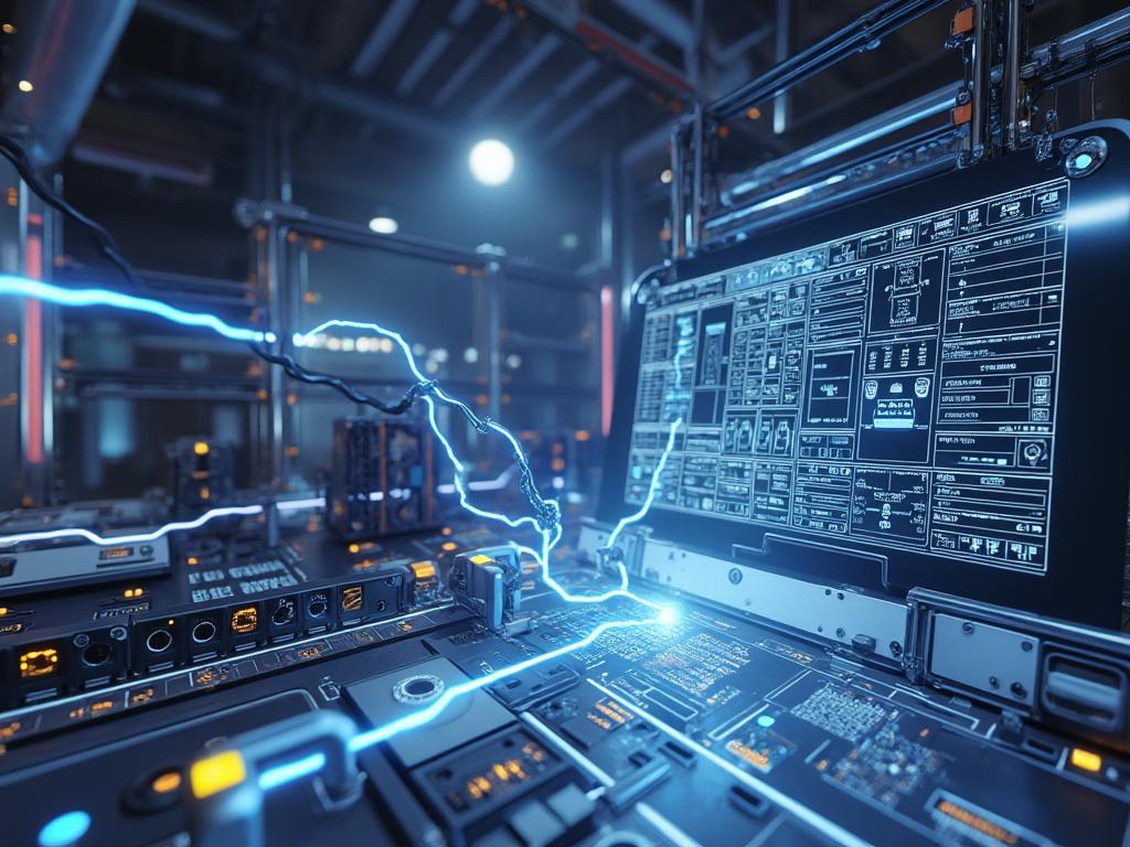 Entorno tecnológico futurista con hologramas y electricidad dinámica.