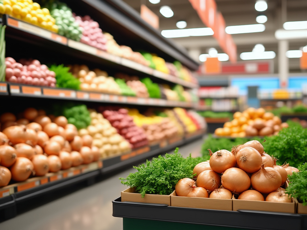 Cebollas frescas y verduras en la sección de frutas y hortalizas de un supermercado