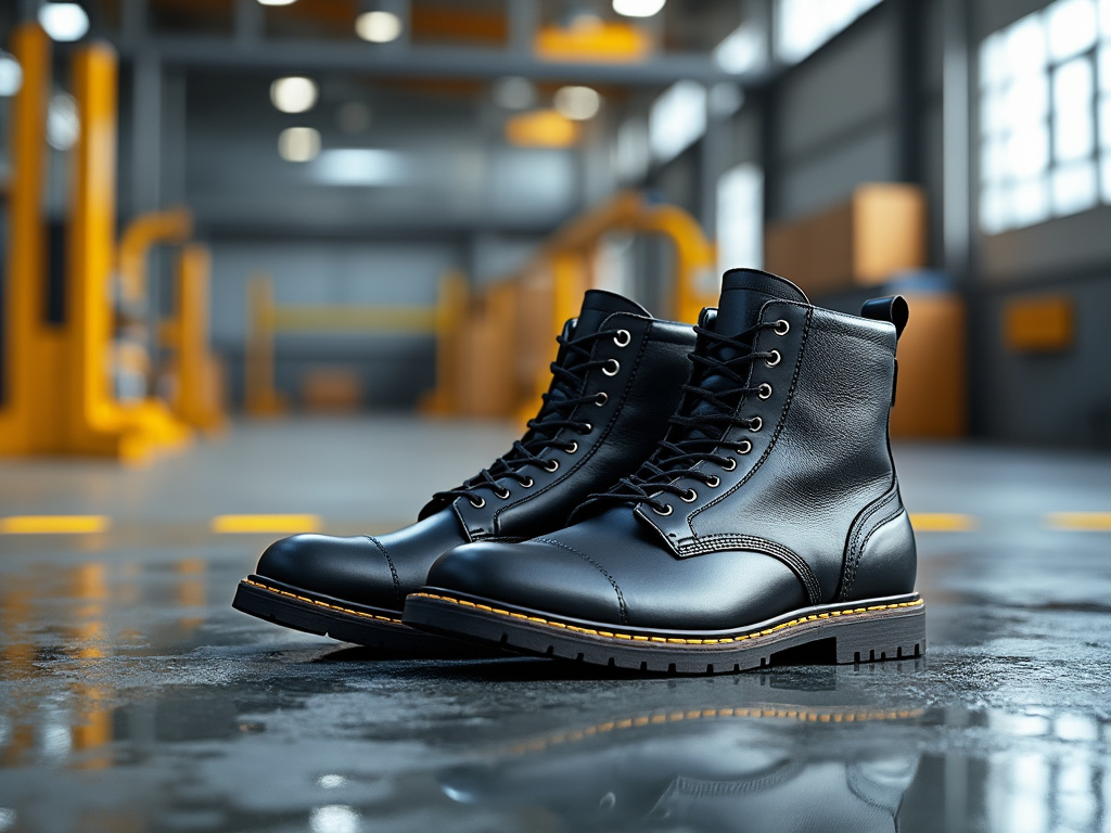 Botas negras de cuero con cordones sobre un suelo reflectante en una fábrica moderna.