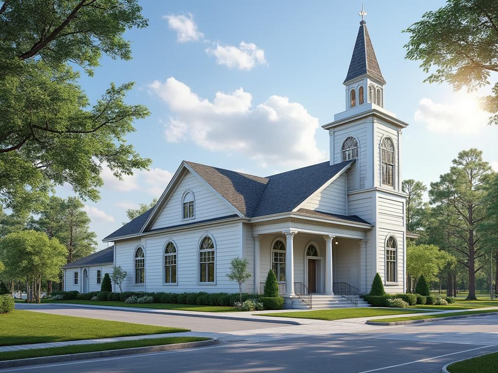 White wooden church with steeple surrounded by trees on a sunny day