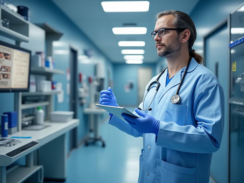 Médico con bata azul y estetoscopio en un hospital, usando una tableta electrónica.