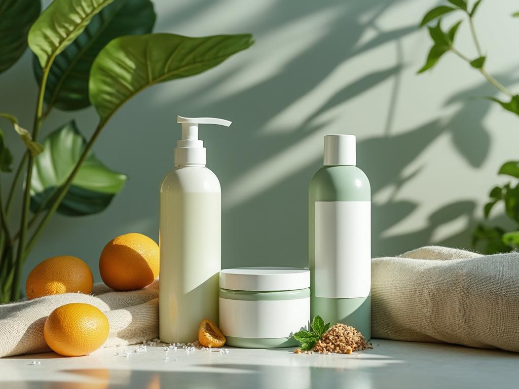 Productos de cuidado personal sobre una mesa, rodeados de naranjas y hojas verdes, con sombras suaves.