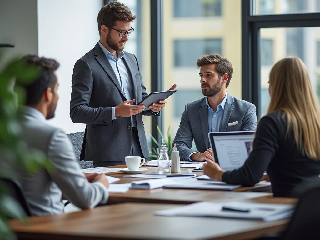 Reunión de negocios con personas discutiendo en una sala de conferencias, uno usando una tableta y otro tomando notas en una laptop.